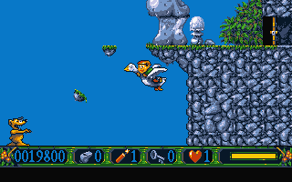 Nicky 2 (DOS) screenshot: That goose in the title screen wasn't mere hyperbole... you get a flying mount!