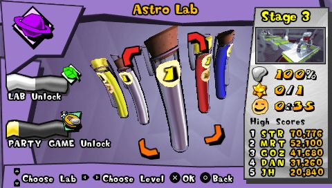 Mercury Meltdown (PSP) screenshot: Astro lab level select