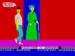 Paradise Café (ZX Spectrum) screenshot: The first person you met, an old woman. you don't have money to rob her neither a pistol to... entertain her.