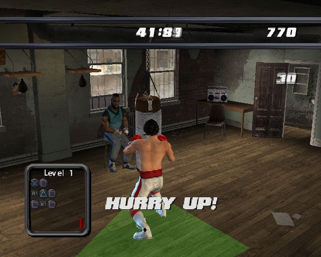 Rocky: Legends (PlayStation 2) screenshot: The Heavy Bag training game<br>The player must throw the combination punches shown in the box while standing in the highlighted area