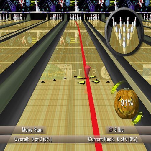 Strike Force Bowling (PlayStation 2) screenshot: Practice mode: A novelty Halloween ball has been selected. Here the spin setting is high so the ball's path will curve once it leaves the oiled surface.