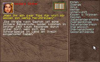 Realms of Arkania: Star Trail (DOS) screenshot: A lot of useful information can be acquired through dialogs