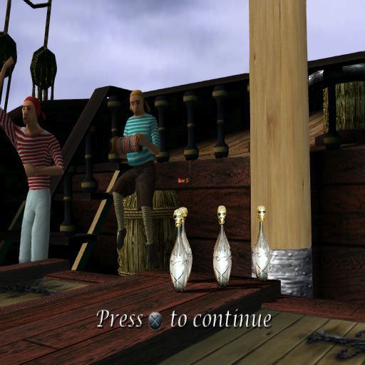 Strike Force Bowling (PlayStation 2) screenshot: There's a lane set on board a pirate ship. Cool pins here<br>The ship rocks from side to side and creaks, sailors play the squeezebox and wave swords, the sea roars etc