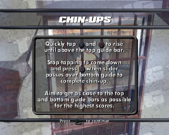 Rocky: Legends (PlayStation 2) screenshot: The training games are actually mini games in their own right and, apart from the locked game(s) can be played in any order<br>These are the instructions for Chin-Ups