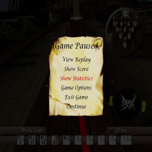 Strike Force Bowling (PlayStation 2) screenshot: The in-game pause menu. This is from a game played on the pirate ship and the theme extends to the menu's artwork