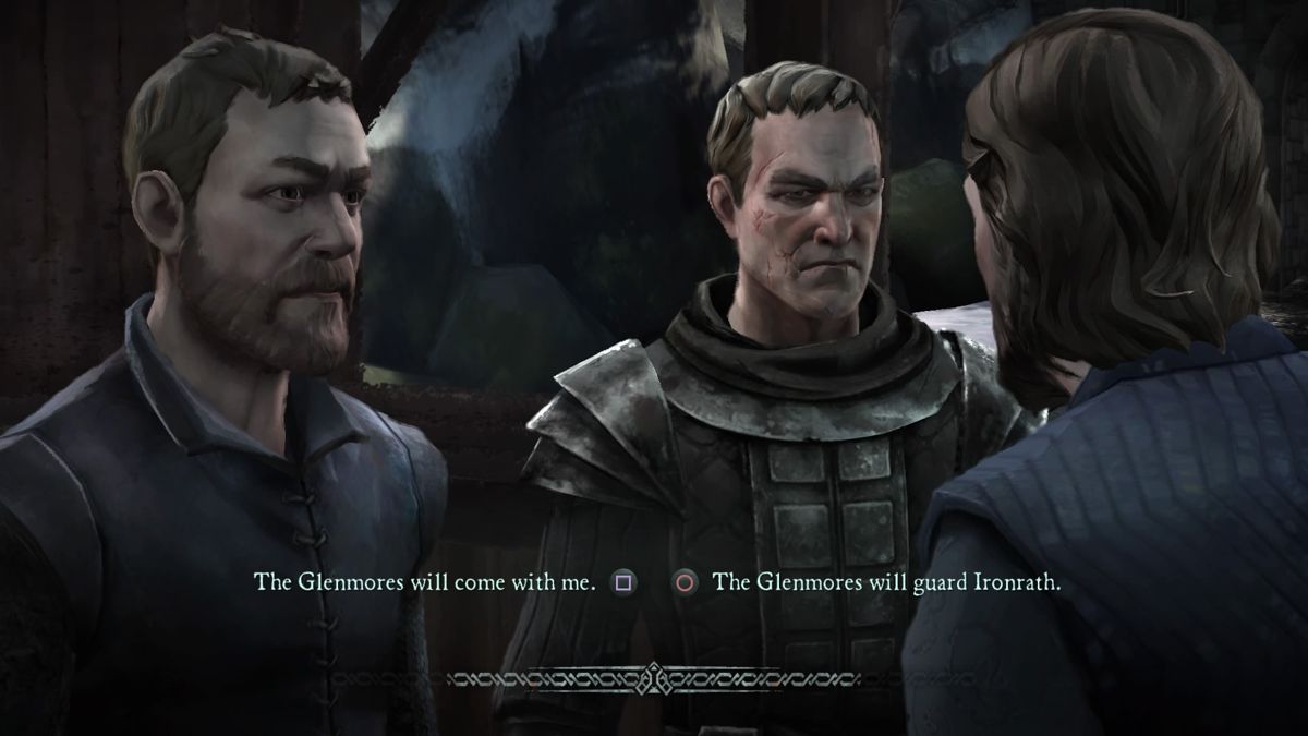 Game of Thrones: Episode Four of Six - Sons of Winter (PlayStation 4) screenshot: Select the person you want to watch your back at meeting with Lord Whitehill
