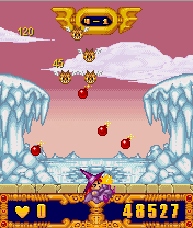 Dragon Skies (J2ME) screenshot: Knocked off the screen by a bomb in the ice world.