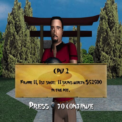 Strike Force Bowling (PlayStation 2) screenshot: Skins: Playing a skins match in the temple garden setting against two AI opponents. It soon becomes very expensive