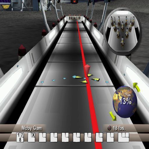 Strike Force Bowling (PlayStation 2) screenshot: Bowling is a three stage affair. This is the second stage, the D-Pad left/right arrows aim the ball. If a high degree of spin is selected the ball's path will curve in the final section