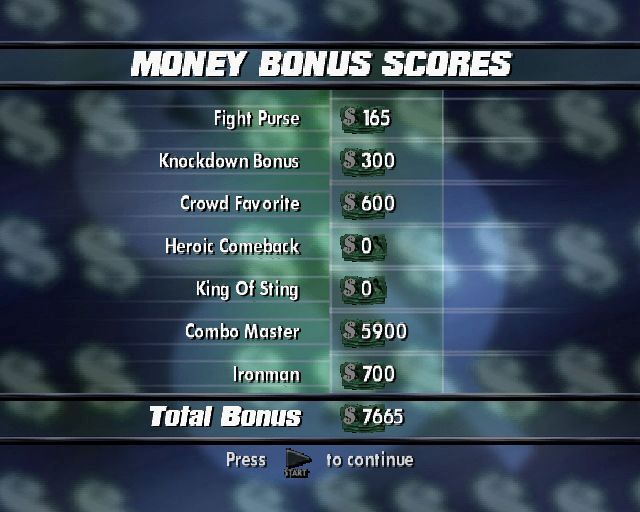 Rocky: Legends (PlayStation 2) screenshot: Career Mode fighting as Drago. This is the prize money from the first fight