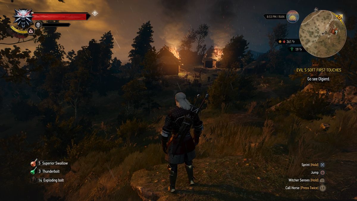 The Witcher 3: Wild Hunt - Hearts of Stone (PlayStation 4) screenshot: Civilians in distress on the horizon