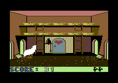 Chicken Chase (Commodore 64) screenshot: Eating chicken feed is important to build up your strength