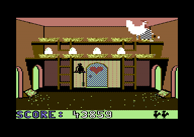 Chicken Chase (Commodore 64) screenshot: Trapping a porcupine in a corner means that you can peck the shit out of it, gaining heaps of points in the process