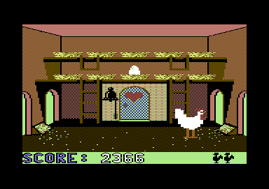 Chicken Chase (Commodore 64) screenshot: The wife has just laid an egg