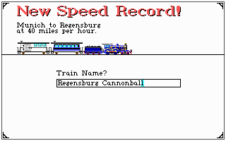 Sid Meier's Railroad Tycoon (DOS) screenshot: One of my trains has set a new speed record.
