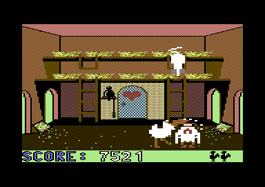 Chicken Chase (Commodore 64) screenshot: After failing a simple task, the wife decides to clobber him one