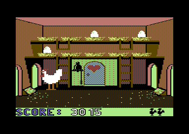 Chicken Chase (Commodore 64) screenshot: Three eggs this time