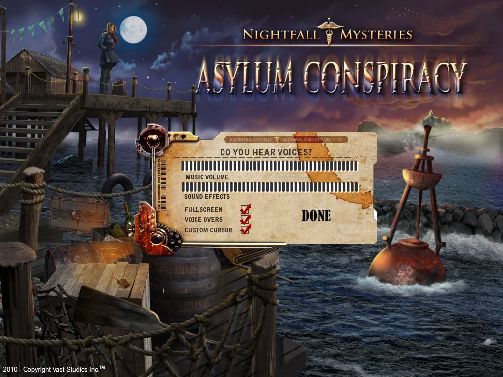 Nightfall Mysteries: Asylum Conspiracy (Premium Edition) (Windows) screenshot: The game configuration options show the game can be played full screen or in a window