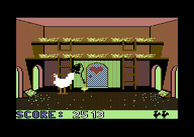 Chicken Chase (Commodore 64) screenshot: That chick sure knows how to ring a bell