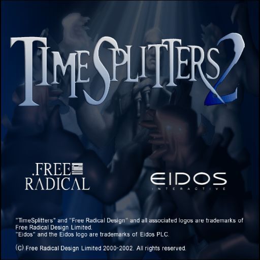 TimeSplitters 2 (PlayStation 2) screenshot: The title screen<br>After this the number of players is selected and player profiles are selected or created before the main menu is reached