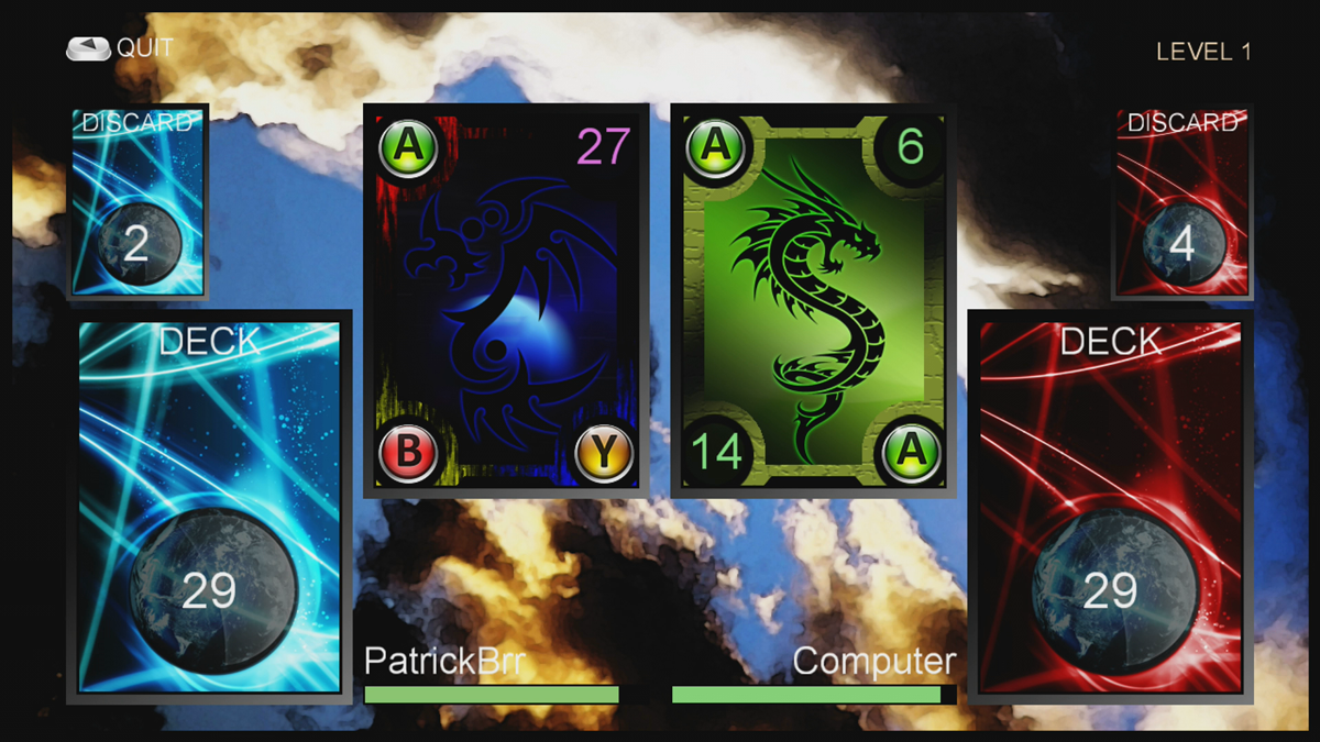War: The Card Game Advanced (Xbox 360) screenshot: In this example, we can choose between three buttons to mash (Trial version)