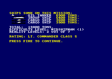 Silent Service (Amstrad CPC) screenshot: My score and final rank