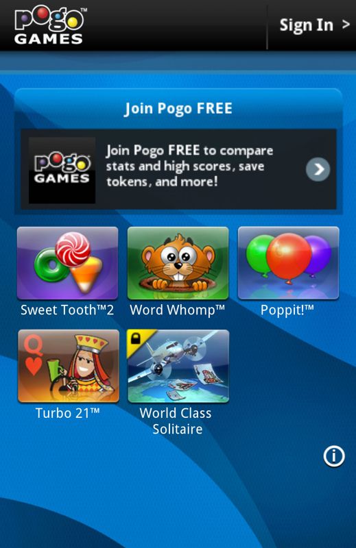 Pogo Games (Android) screenshot: Main menu where the game are selected.