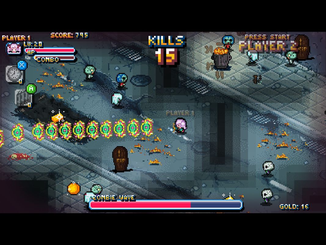 Riddled Corpses (Windows) screenshot: Enemies often drop gold. It doesn't give any extra points, but can be stored up and used to buy upgrades.