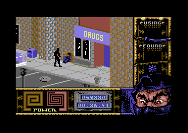 Ninja Remix (Commodore 64) screenshot: Level 2, "The Street": The Bottle.<br> - Is there anything I can do for you sir?<br> - You can fill that bottle right over there.