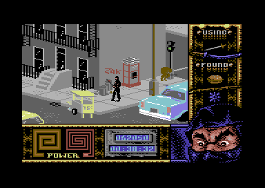 Ninja Remix (Commodore 64) screenshot: Level 2, "The Street": Hot Dog poisonous cart.<br> - I feel something strange in the air...<br> (a ghoul is getting up)
