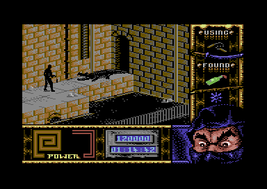 Ninja Remix (Commodore 64) screenshot: Level 3, "The Sewers": Giant "Gecko".<br> - Once and for all: What do you want me to call you, Gharial, Crocodile, Alligator or Caiman?