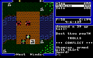 Ultima V: Warriors of Destiny (DOS) screenshot: The trolls won't let you cross this bridge. Sorry, you've asked for that!