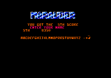 Marauder (Amstrad CPC) screenshot: Game is over. I can submit my name for high score.