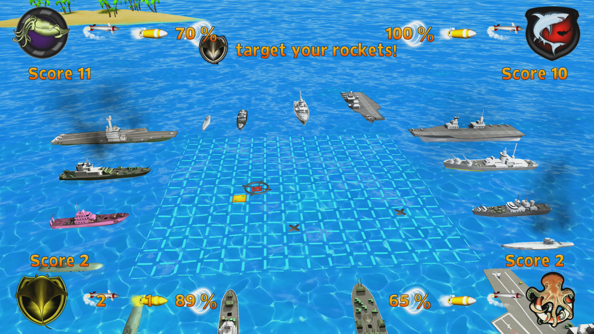 War Ships (Xbox 360) screenshot: The number of dots on the yellow square show the surrounding squares occupied by enemy ships (Trial version)