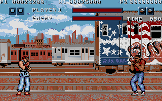 Street Fighter (Atari ST) screenshot: Fighting at rail yard.