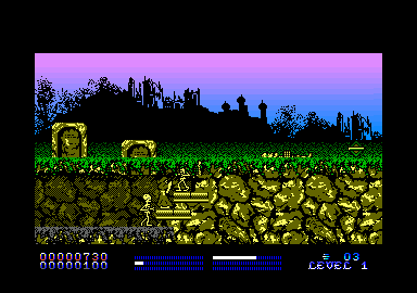 Stryker in the Crypts of Trogan (Amstrad CPC) screenshot: On a ledge