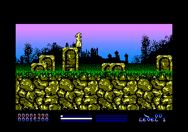 Stryker in the Crypts of Trogan (Amstrad CPC) screenshot: Jumping after being hit