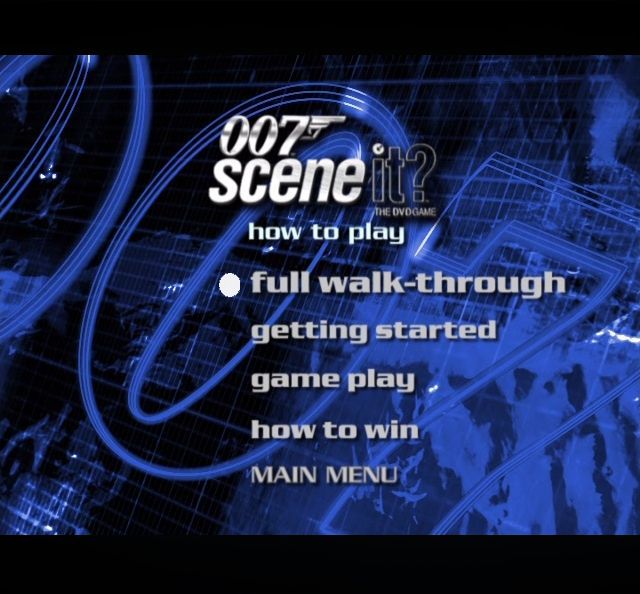 Scene It? 007 Edition (DVD Player) screenshot: The DVD contains full game instructions. The player(s) can have the full walkthrough or jump in part way through. Jon Cleese does the voiceover but does not make an appearance