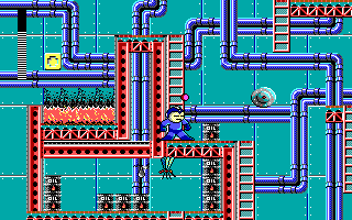 Mega Man 3: The Robots are Revolting (DOS) screenshot: Twisting pipes of Oil Man's stage