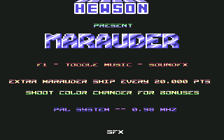 Marauder (Commodore 64) screenshot: Main menu and credits