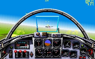 Chuck Yeager's Air Combat (DOS) screenshot: Chasing a P-51 with my MiG-15.