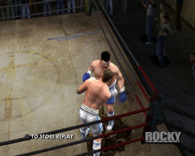 Rocky: Legends (PlayStation 2) screenshot: An Exhibition Match<br>This is the replay at the end of the round. The player can press CIRCLE to save these so they can re-live their triumph