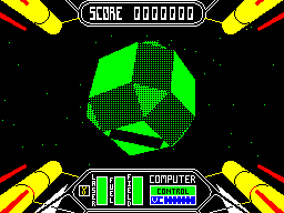 Starstrike II (ZX Spectrum) screenshot: Leaving a different shape support craft. Support craft carry hyperspace jump engines my craft do not have.