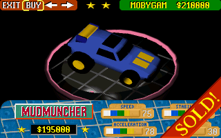 Race Mania (DOS) screenshot: Choose a car, sold!