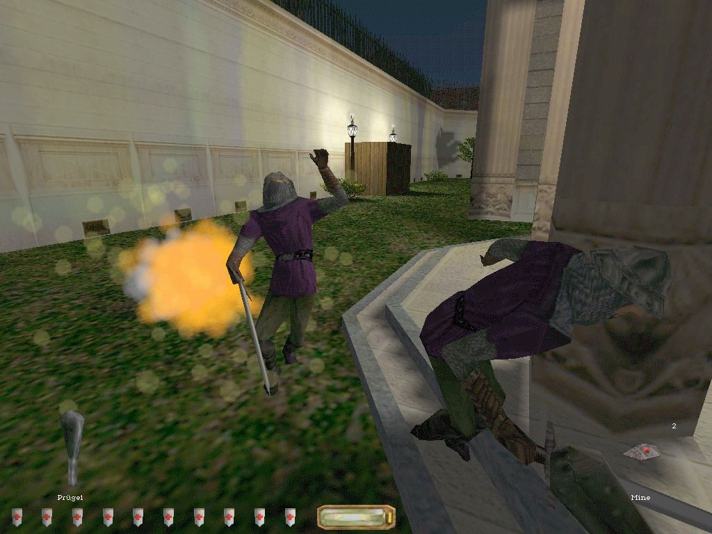 Thief II: The Metal Age (Windows) screenshot: The guards run into a mine that Garrett deployed earlier