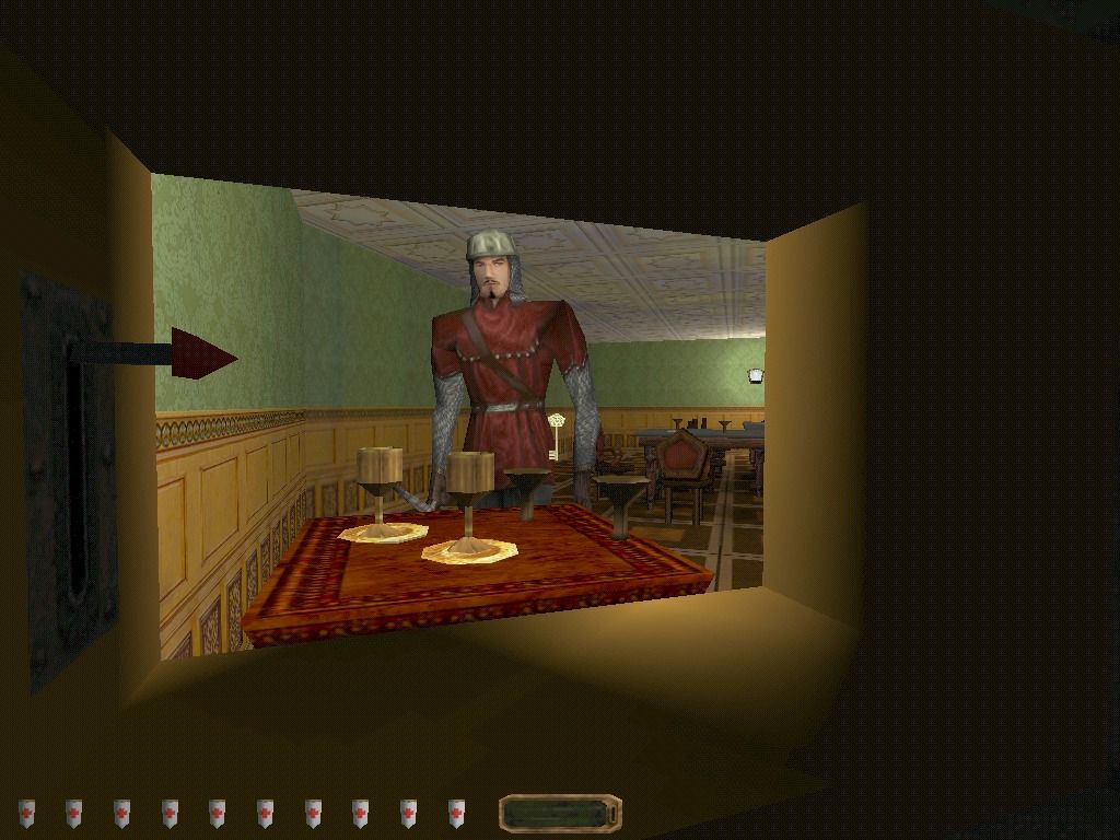 Thief II: The Metal Age (Windows) screenshot: Hidden in a dumb waiter, Garrett's safe from the soldier - and able to snatch some precious cups