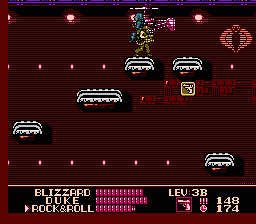 G.I. Joe: A Real American Hero (NES) screenshot: The escape mission for the second level, showcasing the game's pedigree as a true platformer, complete with conveyor belts