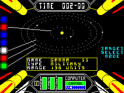 Starstrike II (ZX Spectrum) screenshot: targeting Gamma 11 - a military planet