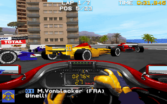Prost Grand Prix 1998 (DOS) screenshot: Preparing to do the Loews hairpin.