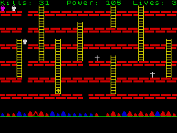 Monsters in Hell (ZX Spectrum) screenshot: Mummies one by one come to see the new attraction (this was news in hell!). The fun was to reach the higher point and let break yourself in the floor scattering the bones all around. Good o' times!
